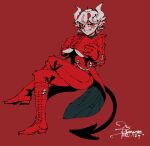  1girl 25_kimera beelzebub_(helltaker) book boots demon_girl demon_horns freckles helltaker highres horns knee_boots looking_at_viewer pants red_eyes solo suit white_hair 