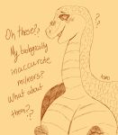 ambiguous_gender anthro asdro_(artist) big_breasts breasts erect_nipples female flustered hairless hi_res long_neck meme nipples oh_these? reptile scales scalie snake solo text