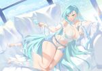  1girl barefoot blue_eyes blue_hair bottle breasts couch cup curvy highres holding holding_cup large_breasts long_hair looking_at_viewer lying nail_polish navel on_side original smile solo thick_thighs thighs zzo_(chorizzzzo) 