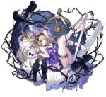 1girl ankle_cuffs ark_order babydoll bare_legs bare_shoulders barefoot bed_sheet bird black_bow blonde_hair blue_eyes bow breasts bridal_garter crow crown crystal flower full_body hair_bow hatoyama_itsuru large_breasts looking_at_viewer lying official_art on_back open_mouth pillow purple_babydoll rose sleeping_beauty sleeping_beauty_(ark_order) sleeping_beauty_(character) solo spindle spinning_wheel tachi-e thorns transparent_background white_flower white_rose wrist_cuffs 