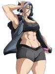  1girl abs arm_at_side arm_up armpits bottle breasts hair_between_eyes hand_on_own_head heterochromia highres holding holding_bottle jacket looking_to_the_side makdraw25 medium_breasts multicolored_hair muscular muscular_female navel original parted_lips ponytail short_ponytail shorts simple_background sleeveless sleeveless_jacket solo sports_bra sportswear stomach streaked_hair sweat thick_thighs thighs two-tone_hair water_bottle white_background 