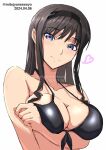  1girl absurdres amagami arm_under_breasts bikini black_bikini black_hair black_hairband blue_eyes breasts cleavage closed_mouth collarbone curly_hair dated drill_hair front-tie_bikini_top front-tie_top hairband halterneck heart highres large_breasts light_smile long_hair looking_at_viewer mitojyaneeeeyo morishima_haruka simple_background solo swimsuit twitter_username upper_body white_background 