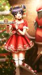  2girls :d black_hair bow brick_wall cake choker christmas christmas_tree collarbone double_bun doukyuusei_2 doukyuusei_another_world food frilled_skirt frills fur-trimmed_headwear fur_trim game_cg hair_bow hair_bun hat holding holding_plate indoors looking_at_viewer miniskirt multiple_girls narusawa_yui official_art open_mouth plaid plaid_bow plate print_skirt red_choker red_eyes red_shirt red_skirt santa_costume santa_hat shiny_skin shirt short_hair short_sleeves skirt smile solo_focus thighhighs white_thighhighs yellow_bow zettai_ryouiki 