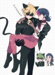  2boys 2girls adrien_agreste animal_ears bell black_bodysuit black_footwear black_jacket black_mask blazer blonde_hair blue_eyes blue_hair bodysuit carrying cat_boy cat_tail chat_noir chibi claw_noir closed_eyes closed_mouth gloves green_hair highres jacket jingle_bell marinette_dupain-cheng mask miraculous_ladybug multiple_boys multiple_girls open_clothes open_jacket open_mouth pants pink_pants princess_carry purple_eyes seio_(nao_miragggcc45) shirt short_twintails slit_pupils tail twintails white_background white_shirt 