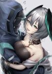  1girl 1other ambience_synesthesia arknights bare_shoulders black_dress black_feathers blush bracelet breasts cleavage doctor_(arknights) dress feathers green_eyes green_feathers grey_background grey_hair head_wings highres ho&#039;olheyak_(arknights) ho&#039;olheyak_(carriage_of_the_winds_of_time)_(arknights) hood hooded_coat hug jewelry medium_hair official_alternate_costume pendant_choker poni_(poni_arknights) snake_tail sweatdrop tail tongue tongue_out wings 