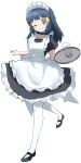  1girl absurdres alternate_costume apron black_dress black_footwear black_hair commentary_request dawn_(pokemon) dress enmaided eyelashes full_body glass grey_eyes grin hair_ornament hairclip highres holding holding_tray long_hair looking_at_viewer maid neck_garter one_eye_closed pantyhose pokemon pokemon_dppt rihitonn shoes short_sleeves sidelocks simple_background smile solo teeth tray water white_apron white_background white_pantyhose 