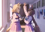  2girls ? admire_vega_(umamusume) amane_hikari animal_ears arm_up blonde_hair book bow bowtie brown_hair closed_mouth commentary_request ear_covers from_side hallway height_difference highres holding holding_book horse_ears horse_girl horse_tail hugging_book hugging_object long_hair long_sleeves looking_at_another low_ponytail multiple_girls narita_top_road_(umamusume) orange_eyes pleated_skirt poster_(object) puffy_long_sleeves puffy_sleeves purple_sailor_collar purple_shirt purple_skirt red_eyes sailor_collar school_uniform shirt single_ear_cover skirt spoken_question_mark tail tracen_school_uniform umamusume upper_body very_long_hair waist_bow white_bow white_bowtie 