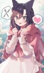  1girl absurdres animal_ears blurry blurry_background blush brown_eyes brown_hair buttons cape commentary_request day dress fang frilled_cape hair_between_eyes hands_up haruwaka_064 heart highres imaizumi_kagerou little_red_riding_hood long_sleeves looking_ahead medium_hair open_mouth outdoors red_cape solo spoken_food spoken_heart tongue tongue_out touhou upper_body white_dress 