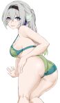  1girl absurdres ass bare_arms bare_shoulders bikini breasts commentary cowboy_shot firefly_(honkai:_star_rail) green_bikini grey_hair grin highres honkai:_star_rail honkai_(series) kagurachi long_hair looking_at_viewer medium_breasts ponytail purple_eyes sidelocks simple_background smile solo standing swimsuit thighs white_background 