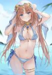  1girl :c bikini blue_bikini blue_eyes blue_sky blush branch breasts breasts_apart closed_mouth cloud cloudy_sky collarbone contrapposto day fisheye genshin_impact head_tilt highres horizon large_breasts legs_apart long_hair looking_at_viewer maruro navel nilou_(genshin_impact) ocean orange_hair outdoors parted_bangs side-tie_bikini_bottom sidelocks sky solo stomach swimsuit thighs wading water white_veil 