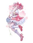  1girl :o ahoge allie_(ruii_10) dress floating flower frilled_socks frills from_side full_body gloves hair_between_eyes hair_intakes heart heart_ahoge high_heels highres holding holding_flower kaname_madoka kneehighs knees_together_feet_apart looking_at_viewer mahou_shoujo_madoka_magica miniskirt open_mouth pink_eyes pink_flower pink_hair pleated_skirt puffy_short_sleeves puffy_sleeves red_dress red_footwear short_hair short_sleeves short_twintails sideways_glance signature simple_background skirt sleeveless sleeveless_dress socks solo twintails watermark white_background white_gloves white_skirt white_socks 