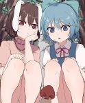  &gt;_&lt; 2girls :/ animal_ears bangs blue_bow blue_dress blue_eyes blue_hair bow brown_hair bunny_ears carrot_necklace chin_rest cirno commentary dress eyebrows_visible_through_hair floppy_ears flying_sweatdrops hair_between_eyes hair_bow hand_on_own_knee highres inaba_tewi marsen multiple_girls mushroom neck_ribbon open_mouth outdoors panties pantyshot pinafore_dress puffy_short_sleeves puffy_sleeves red_ribbon ribbon shirt short_hair short_sleeves squatting symbol_commentary touhou tree underwear white_shirt 