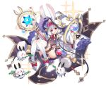  1girl :3 :d animal_ears ark_order ass black_skirt blush_stickers boots bow bowtie braid brown_leotard buck_teeth crystal flask footwear_bow frilled_sleeves frills full_body gold_trim hair_bow hat hat_bow hatoyama_itsuru holding holding_staff knees_together_feet_apart knees_up leotard long_hair long_sleeves looking_at_viewer official_art pink_bow pink_bowtie pink_eyes pleated_skirt pom_pom_(clothes) rabbit rabbit_(ark_order) rabbit_ears rabbit_girl rabbit_tail skirt sleeves_past_fingers sleeves_past_wrists smile solo sparkle staff steam stellated_octahedron tachi-e tail teeth test_tube thigh_strap thighhighs transparent_background twin_braids underwear very_long_hair vial white_footwear white_hair white_hat white_sleeves white_thighhighs witch_hat yellow_bow 