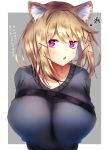  1girl alternate_costume animal_ear_fluff animal_ears arknights bangs blonde_hair blush border breasts commentary_request eyebrows_visible_through_hair grey_background grey_sweater hair_between_eyes hair_ornament huge_breasts looking_at_viewer nidaime_(doronbo) outside_border parted_lips partial_commentary purple_eyes short_hair simple_background solo squiggle sweater translation_request upper_body utage_(arknights) white_border x_hair_ornament 