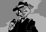 2021 anthro bow_tie clothed clothing digital_drawing_(artwork) digital_media_(artwork) fan_character fingers flower flower_on_hat folded_ears fur greyscale hat headgear headwear hooved_fingers hooves male male_anthro mammal microsoft minecraft mojang monochrome piglin plant rose_(flower) sad-ist signature smile smoke snout solo suina suit tusks urius_(sad-ist) wither_rose xbox_game_studios