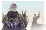  2boys :d amaurot black_gloves border emet-selch facing_away final_fantasy final_fantasy_xiv from_behind gloves highres hood hood_up hythlodaeus long_sleeves multiple_boys shoulder_spikes smile sophist&#039;s_robe_(ff14) spikes tladpwl03 waving white_border white_hair 