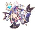  1girl :3 :d animal_ears ark_order ass black_skirt blush_stickers boots bow bowtie braid brown_leotard buck_teeth capelet crystal flask footwear_bow frilled_sleeves frills full_body gold_trim hair_bow hat hat_bow hatoyama_itsuru holding holding_staff knees_together_feet_apart knees_up leotard long_hair long_sleeves looking_at_viewer official_art pink_bow pink_bowtie pink_eyes pleated_skirt pom_pom_(clothes) rabbit rabbit_(ark_order) rabbit_ears rabbit_girl rabbit_tail skirt sleeves_past_fingers sleeves_past_wrists smile solo staff steam stellated_octahedron tachi-e tail teeth test_tube thigh_strap transparent_background twin_braids underwear very_long_hair vial white_capelet white_footwear white_hair white_hat white_sleeves witch_hat yellow_bow 