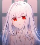  1girl collarbone dot_nose dress eyelashes highres idass_(idass16) light_particles long_hair looking_at_viewer open_mouth original portrait red_eyes solo white_dress white_hair window_shadow 