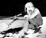  2boys arm_on_knee bangs_pinned_back black_footwear blood blood_on_arm blood_on_clothes blood_on_ground collared_shirt corpse full_body greyscale hand_on_own_chin hogu_051 katana looking_at_another lying male_focus monochrome multiple_boys on_back on_ground on_one_knee ponytail sanzu_haruchiyo shirt simple_background sleeves_rolled_up striped_clothes suit sword tokyo_revengers upper_body weapon 