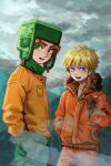  2boys blonde_hair blue_eyes cigarette cloud cloudy_sky day freckles fur-trimmed_jacket fur_trim gloves green_eyes green_hat green_pants h2co3_vv hair_between_eyes hand_in_own_hair hat highres holding holding_cigarette hood hood_down hooded_jacket jacket kenny_mccormick kyle_broflovski long_sleeves male_focus multiple_boys open_mouth orange_pants outdoors pants red_hair sky smoke smoking south_park 