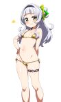  1girl absurdres arched_bangs arm_behind_back bikini blunt_bangs blush breasts closed_mouth dot_nose flat_chest gold_bikini grey_hair hair_bun hair_ornament hand_on_own_hip highres hololive iwano_kenta long_hair looking_at_viewer murasaki_shion navel petite short_eyebrows simple_background single_side_bun skindentation small_breasts smile smug solo standing star_(symbol) stomach string_bikini swimsuit thigh_strap virtual_youtuber white_background yellow_eyes 
