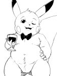 2024 3:4 ambiguous_gender anthro beverage black_and_white bow_tie container cup drinking_glass featureless_crotch front_view generation_1_pokemon glass glass_container glass_cup hand_on_hip holding_glass holding_object monochrome nintendo one_eye_closed open_mouth open_smile pikachu pokemon pokemon_(species) short_stack simple_background smile solo standing white_background wine_glass winick-lim wink