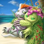 anthro bandai_namco beach blush claws detailed_background digimon digimon_(species) elemental_creature elemental_humanoid erection fangs female feral flora_fauna flower flower_on_head fur genitals gomamon green_body green_eyes green_sclera green_skin hair handjob hi_res humanoid looking_at_another male male/female mammal marine narrowed_eyes palm_tree palmon penile penis pink_flower pinniped plant plant_humanoid radasus red_hair restrained sand sea seal sex sitting spread_legs spreading teeth tentacle_on_penis tentacles tree vine_tentacles water white_body white_fur