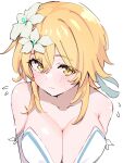  1girl bare_shoulders blonde_hair blush breasts cleavage closed_mouth collarbone commentary_request dress flower flying_sweatdrops food_on_body genshin_impact hair_between_eyes hair_flower hair_ornament highres large_breasts looking_at_viewer lumine_(genshin_impact) short_hair short_hair_with_long_locks simple_background solo ukitaryu upper_body white_background white_dress white_flower yellow_eyes 