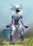 4_ears armor black_body black_fur blue_body blue_fur female foxixus fur grass happy hi_res machine multi_ear plant protogen purple_body purple_fur solo visor white_body white_fur