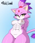 abs anthro areola big_breasts black_nose blaze_the_cat blue_background breasts countershading digital_drawing_(artwork) digital_media_(artwork) domestic_cat felid feline felis female female_anthro front_view genitals hands_behind_back hi_res looking_at_viewer low-angle_view mammal muscular muscular_anthro muscular_female navel nipples pink_areola pink_body pink_nipples pink_tail purple_tuft pussy rick_lewd sega simple_background solo sonic_the_hedgehog_(series) tail tail_tuft tan_eyes tan_inner_ear thick_thighs tuft white_body white_countershading white_face