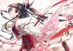  1girl artist_name ascot bare_shoulders black_hair bow brown_footwear cherry_blossoms closed_mouth commentary_request detached_sleeves flower foot_out_of_frame frilled_hair_tubes frilled_skirt frills from_side hair_bow hair_tubes hakurei_reimu long_hair looking_at_viewer looking_back pink_flower red_bow red_eyes red_skirt red_vest ribbon-trimmed_sleeves ribbon_trim rooseputo_02 shoes skirt smile solo touhou vest wide_sleeves yellow_ascot 