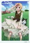  1girl :d absurdres blonde_hair blue_sky breasts brown_eyes brown_vest collarbone day dress enekk floating_hair highres koume_keito layered_dress long_dress long_hair looking_at_viewer nora_arento official_art open_mouth outdoors page_number ponytail scan shiny shiny_hair sky small_breasts smile solo spice_and_wolf vest white_dress 