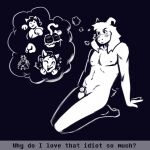 1:1 anthro asriel_dreemurr blush blush_lines boss_monster_(undertale) breasts butt catty_(undertale) chastity_cage chastity_device cleavage clothed clothing deltarune dracozhilla duo english_text felid female genitals girly hi_res humanoid humiliation male male/female mammal penis penis_humiliation pinching_gesture sigh small_penis small_penis_humiliation tail tail_motion tailwag text thinking thinking_about_another thought_bubble undertale undertale_(series)