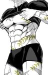  1boy abs bara bare_pectorals beard boxers dressing expressionless facial_hair full_beard greyscale head_out_of_frame large_pectorals leonidas_(shuumatsu_no_valkyrie) male_focus male_underwear mature_male monochrome muscular muscular_male no_nipples obliques pectorals pencil_mustache shuumatsu_no_valkyrie simple_background solo spot_color standing stomach syugyout thick_beard underwear 