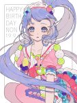  1girl ao_(ao0_0nemu) bad_id bad_twitter_id blue_bow blue_eyes blue_hair blunt_bangs bow character_name character_print commentary_request dated food fruit fruit_print happy_birthday highres jacket long_hair looking_at_viewer maid_headdress manaka_non open_mouth pink_jacket pink_thighhighs pretty_series pripara puffy_short_sleeves puffy_sleeves shirt short_sleeves side_ponytail sitting solo strawberry thighhighs usacha very_long_hair 