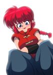  1girl blue_eyes blush braid braided_ponytail chinese_clothes crossed_arms hamdyartzone highres looking_at_viewer ranma-chan ranma_1/2 red_hair shadow simple_background sitting solo tongue tongue_out white_background 