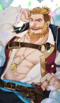  1boy abs absurdres balloon bara beard bergamond_(crave_saga) birthday chest_hair confetti crave_saga eyebrow_cut facial_hair highres jewelry large_pectorals long_hair looking_at_viewer male_focus mature_male muscular muscular_male necklace one_eye_closed open_clothes open_mouth pectorals ponytail ring smile solo thick_eyebrows thick_mustache usuki_(usukine1go) 