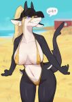 absurd_res anthro beach bikini biped black_body blonde_hair blue_eyes breasts clothed clothing female fish fueko66 hair hi_res marine non-mammal_breasts non-mammal_ears olive_(buta99) outside sand seaside shark solo swimwear tail text text_box thick_thighs white_body