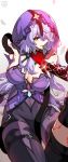  2girls absurdres acheron_(honkai:_star_rail) bare_shoulders black_swan_(honkai:_star_rail) breasts brown_eyes cleavage commentary covered_navel flower highres honkai:_star_rail honkai_(series) large_breasts long_hair looking_at_viewer multiple_girls pantyhose purple_hair red_flower simple_background snake tipang_(gurimulguryo) veil white_background yuri 