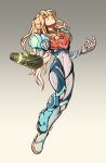  1girl arm_cannon armor blonde_hair full_body glowing highres long_hair metroid metroid_dread oxcoxa ponytail power_armor power_suit power_suit_(metroid) samus_aran science_fiction sidelocks simple_background solo weapon white_background 