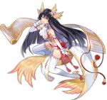  1girl :d ark_order artist_request bare_shoulders black_hair bow breasts claw_(weapon) detached_sleeves dress full_body hair_ornament head_wings large_breasts long_hair long_sleeves looking_at_viewer official_art pelvic_curtain red_bow scroll shoes side_slit sideboob sidelocks sleeve_cuffs smile solo tachi-e thighhighs transparent_background v-shaped_eyebrows very_long_hair waist_bow weapon white_dress white_thighhighs wings xuannu_(ark_order) yellow_eyes yin_yang 