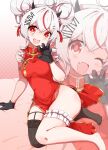  absurdres ahoge angel angel_girl arm_belt bare_legs bare_shoulders blush breasts china_dress chinese_clothes demon demon_girl demon_horns double_bun dress garter_straps gloves hair_bun hair_ornament hairclip highres horns knkhnp nephilim_(species) phase_connect red_dress red_eyes red_streak remilia_nephys small_breasts thick_thighs thighhighs thighs tight_clothes tight_dress white_hair wide_hips 