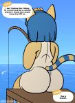 animal_crossing ankha_(animal_crossing) anthro big_butt biped butt clothed clothing dialogue domestic_cat felid feline felis female fishing fishing_rod hair hi_res mammal nintendo rear_view sitting sketchybug solo_focus speech_bubble text thick_thighs