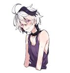  1girl ahoge androgynous azuma_shino black_hair blush choker flat_chest flower_(vocaloid) flower_(vocaloid4) head_tilt loose_clothes loose_shirt multicolored_hair purple_eyes purple_shirt ribs shirt short_hair skinny smile sweat sweatdrop tomboy two-tone_hair upper_body vocaloid white_background white_eyelashes white_hair 