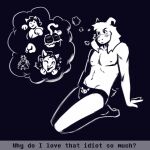 1:1 anthro asriel_dreemurr blush blush_lines boss_monster_(undertale) breasts butt catty_(undertale) cleavage clothed clothing deltarune dracozhilla duo english_text felid female femalegirly genitals hi_res humanoid humiliation lines male male/female mammal penis penis_humiliation pinching_gesture sigh small_penis small_penis_humiliation tail tail_motion tailwag text thinking thinking_about_another thought_bubble undertale undertale_(series) underwear
