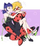  1boy 1girl adrien_agreste animal_ears black_dress blonde_hair blue_eyes blue_hair blush bodysuit cat_ears cat_girl closed_mouth dress green_eyes lady_noir looking_at_another marinette_dupain-cheng miracharink0 miraculous_ladybug misterbug_(character) polka_dot purple_background red_bodysuit red_mask short_twintails sitting sitting_on_lap sitting_on_person smile superhero_costume twintails 