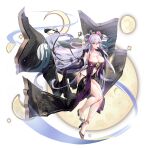  1girl aqua_eyes ark_order armpits bare_shoulders black_dress black_gloves breasts changxi_(ark_order) cleavage closed_mouth collarbone dress elbow_gloves finger_in_own_mouth floating floating_hair flower full_body full_moon gloves hair_between_eyes hair_flower hair_ornament hair_rings high_heels highres long_hair looking_at_viewer midriff mole mole_on_breast moon navel official_art panties purple_hair revealing_clothes side-tie_panties sidelocks solo tachi-e underwear very_long_hair you_ni_ge_shaobing 