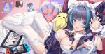  1girl :3 animal_band animal_ears apron aqua_eyes arm_garter azur_lane bikini breasts cheshire_(azur_lane) cheshire_(summery_date!)_(azur_lane) cleavage drawing_tablet fake_animal_ears fang finn_flint frilled_hairband frilled_ribbon frills garter_straps hairband hand_up handheld_game_console highres long_ribbon looking_at_viewer maid_headdress manjuu_(azur_lane) multicolored_hair nintendo_switch no_shoes official_alternate_costume plymouth_(azur_lane) purple_apron purple_bikini purple_garter ribbon short_hair sitting skin_fang strapless strapless_bikini streaked_hair swimsuit thighhighs white_garter_straps white_thighhighs wrist_cuffs 