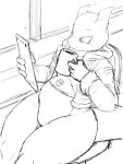 2024 3:4 4_fingers ambiguous_gender anthro black_and_white bottomless chair clothed clothing container cup detailed_background featureless_crotch fingers furniture generation_1_pokemon hi_res holding_container holding_cup holding_object holding_tablet jacket legendary_pokemon looking_at_object mewtwo monochrome nintendo on_chair pokemon pokemon_(species) shirt sitting solo t-shirt topwear winick-lim