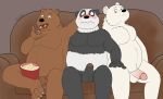 anthro balls bear belly blush breasts brown_body cartoon_network claws digital_media_(artwork) embarrassed erection feet food fur furniture genitals giant_panda grizzly_(we_bare_bears) group hair humanoid_genitalia ice_bear_(we_bare_bears) male male/male mammal nude open_mouth overweight overweight_male panda_(we_bare_bears) penile penis popcorn rhox simple_background sitting smile snack snowbear sofa tongue trio we_bare_bears white_body white_fur